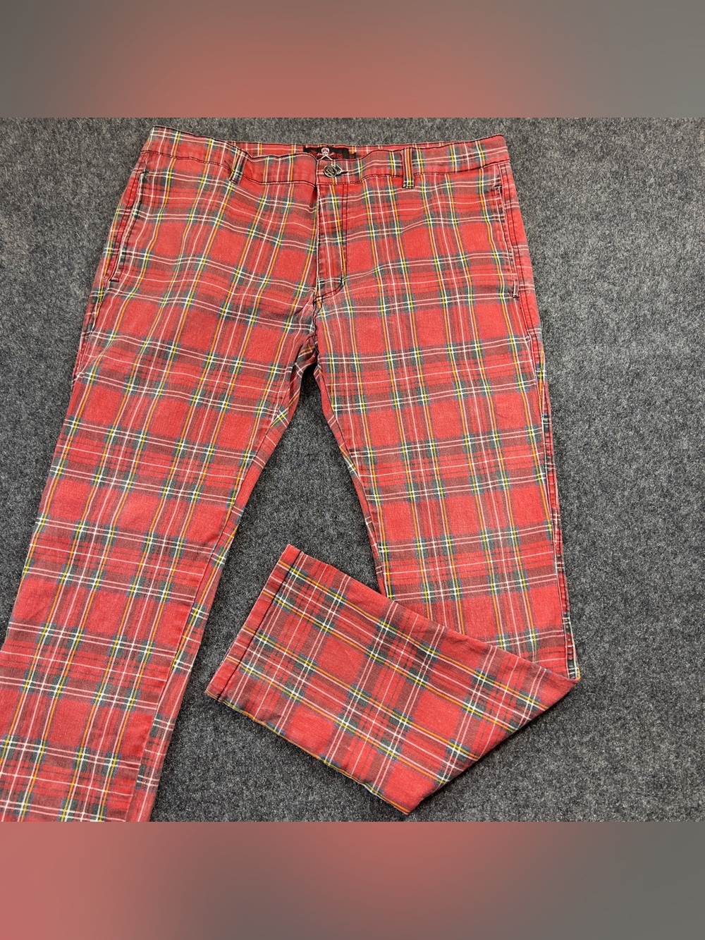 Royal Bones Red Plaid Pants 38 Punk Emo Tartan Skinny Straight Leg